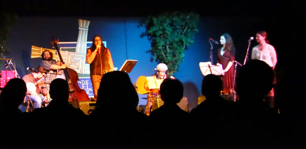 The full band on stage performing for a silhouetted audience